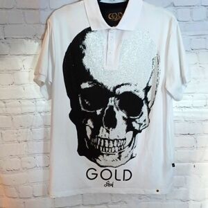 GOLD Leaf Mens  White & Silver  Bling ‎  Skull Cotton Shirt M   New